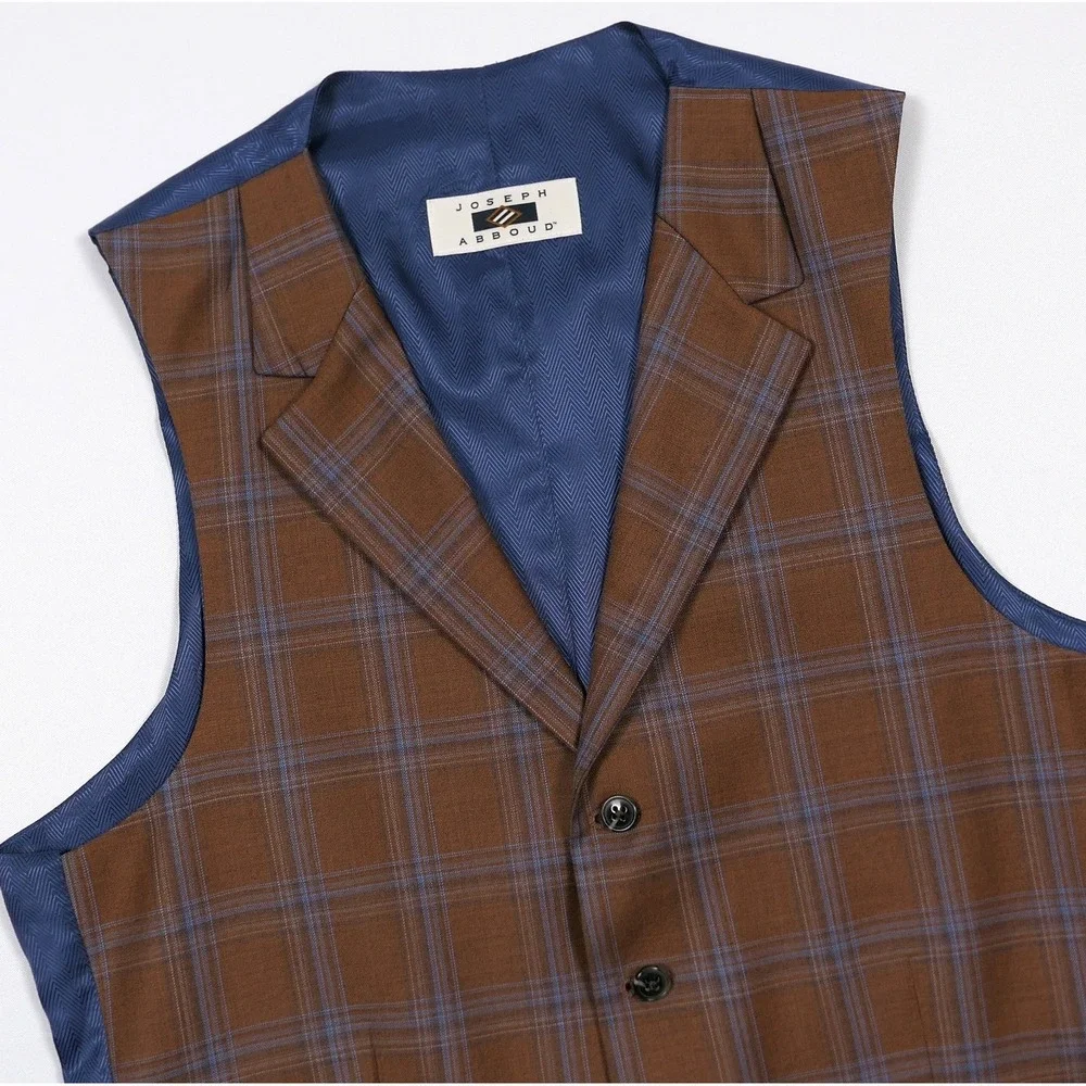 Joseph Abboud Mens 3 Piece Suit 38R Brown Blue Plaid Reda Super 130s Wool USA